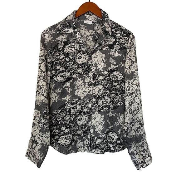 apt. 9 Silk Black & White Floral Long Sleeve V-Neck Button Down Blouse, S-M - Picture 1 of 12
